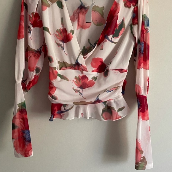 Floral Mesh V-Neck Peplum Long Sleeve Blouse - Picture 2 of 5